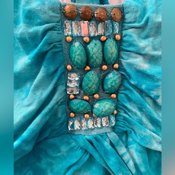 GENTLY USED VENUS SIZE LARGE SLEEVELESS BEADED TOP UNEVEN HEM TIE DYED LOOK - Picture 2 of 13